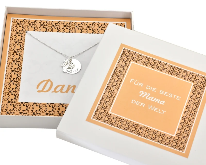 GESCHENK SCHACHTEL, FAMILIENKETTE, SILBERSCHMUCK MIT LEBENSBAUM, PERSONALISIERTE GESCHENKBOX,