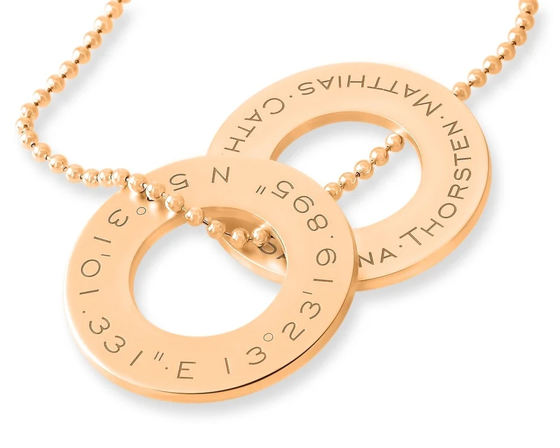 NAMENSKETTE DAMEN ROSEGOLD MIT KOORDINATEN UND NAMEN RINGE HALSKETTE GRAVUR