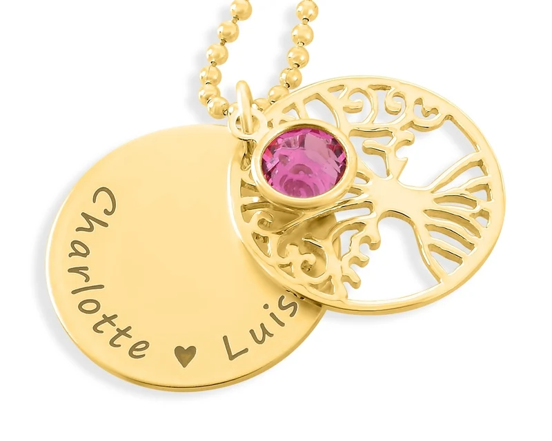 NAMENKETTE DAMEN GOLD FAMILIEN SCHMUCK LEBENSBAUM HALSKETTE GESCHENK MUTTER