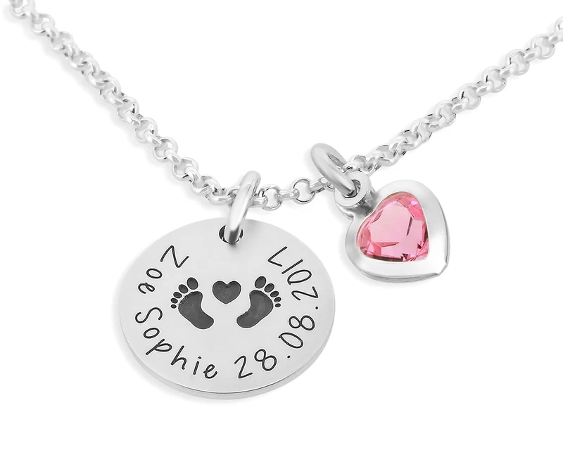 NAMENSKETTE GEBURT MUTTER HERZ SILBERSCHMUCK BABYFÜSSCHEN 925 SILBER HALSKETTE