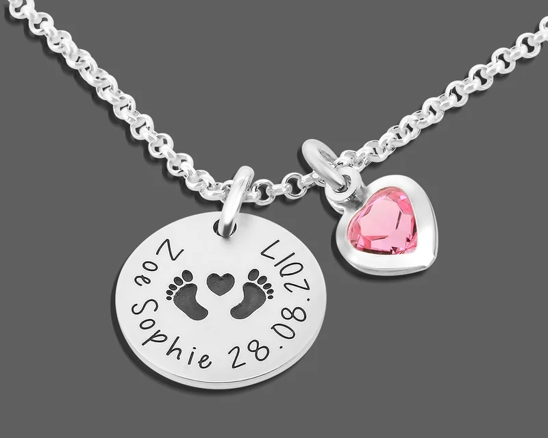 NAMENSKETTE GEBURT MUTTER HERZ SILBERSCHMUCK BABYFÜSSCHEN 925 SILBER HALSKETTE