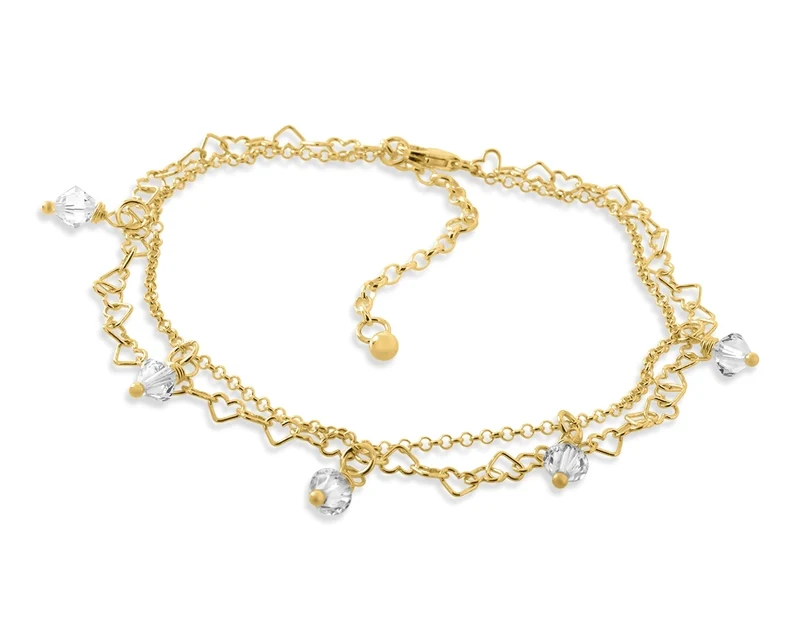 FUSSSCHMUCK GOLD DAMEN FUSSKETTE KRISTALLE HERZGLIEDER SCHMUCK