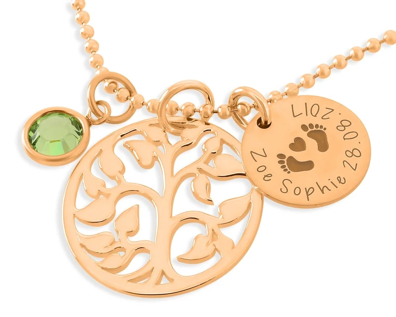 NAMENSKETTE LEBENSBAUM ROSE KETTE MIT GRAVUR DAMEN SCHMUCK GRAVIERT