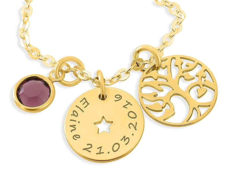 KETTE MIT GRAVUR ANHÄNGER NAMENKETTE MÄDCHEN LEBENSBAUM SCHMUCK GOLD