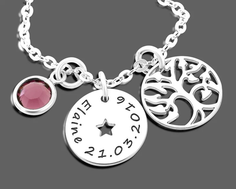 LEBENSBAUM KETTE 925 SILBER NAMENSSCHMUCK TAUFKETTE BABY GEBURTSSTEIN
