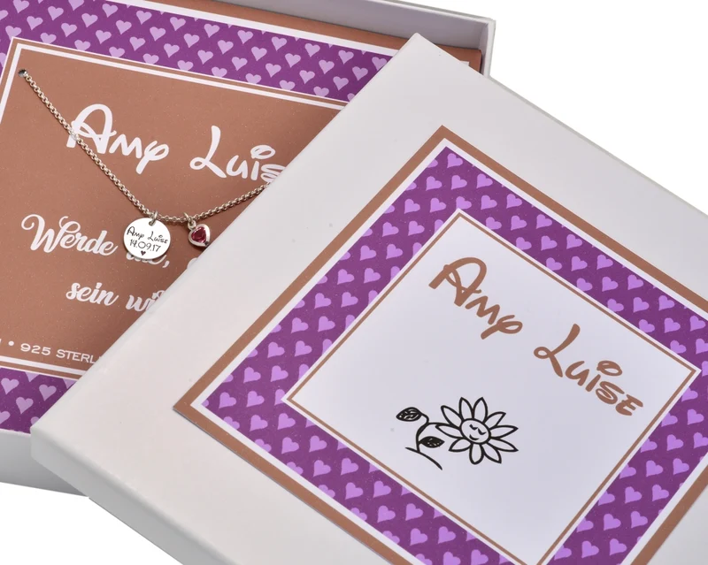 KETTE MIT NAMEN SILBER HERZ KRISTALL GESCHENK SCHACHTEL SCHMUCK KARTON