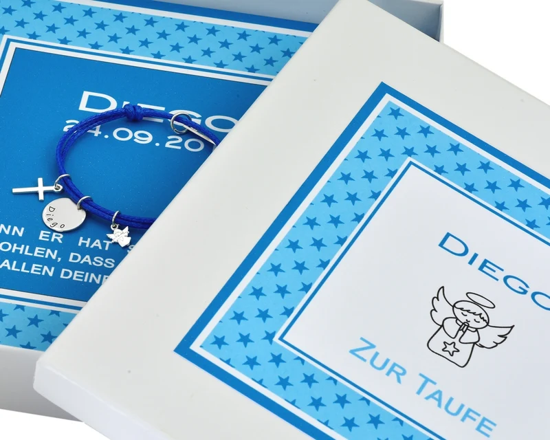 BAUMWOLLARMBAND MIT ANHÄNGERN, KINDERSCHMUCK, PERSONALISIERTE SCHACHTEL