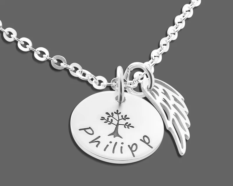 NAMENSKETTE 925 SILBER ENGELFLÜGEL MIT GRAVUR LEBENSBAUM HALSKETTE