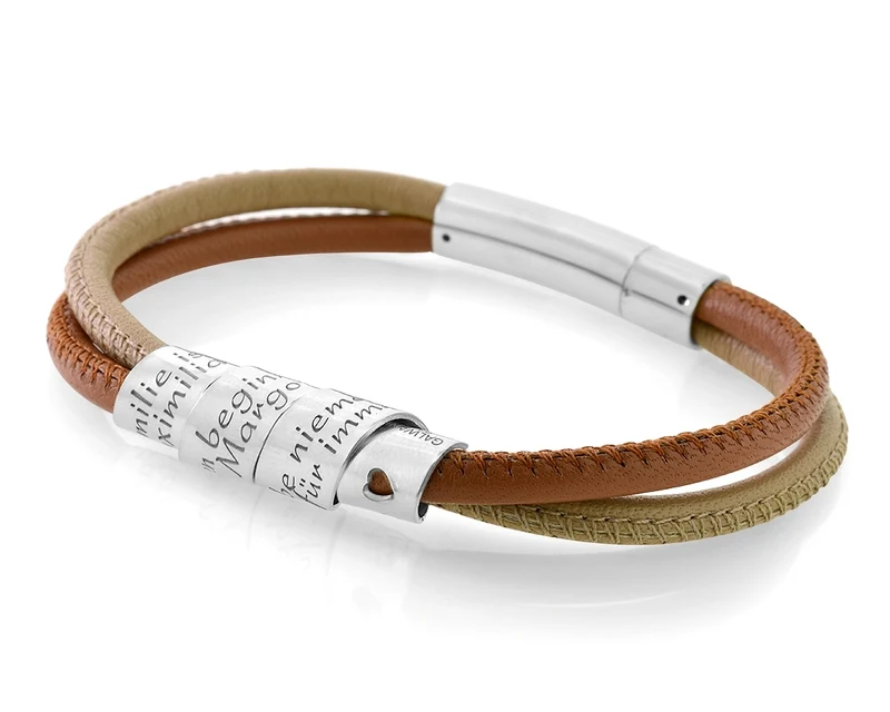 LEDERARMBAND PERSONALISIERBAR UNISEX BRAUN BEIGE GRAVUR 925 SILBER LEDER ARMBAND