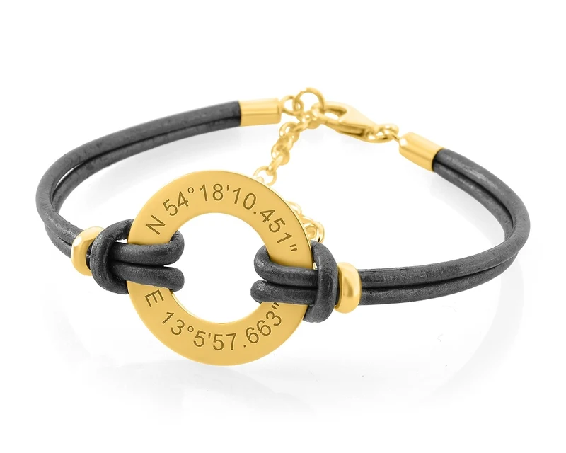 LEDERARMBAND GRAVUR KOORDINATEN SCHMUCK VERGOLDET