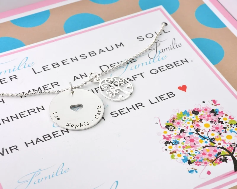 FAMILIENSCHMUCK MIT GRAVUR SCHMUCK SCHACHTEL KINDERNAMEN LEBENSSCHMUCK