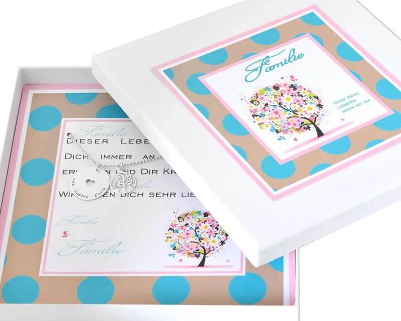 FAMILIENSCHMUCK MIT GRAVUR SCHMUCK SCHACHTEL KINDERNAMEN LEBENSSCHMUCK