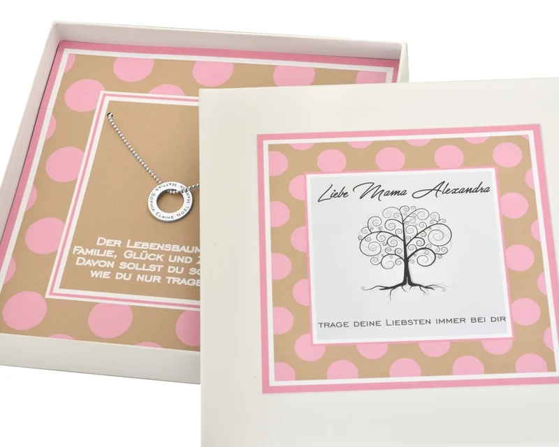 FAMILIENKETTE MIT NAMEN SCHMUCK MIT KINDERNAMEN PERSONALISIERTE GESCHENK SCHACHTEL