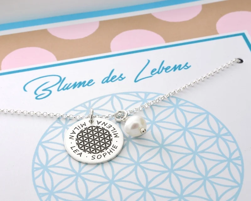 GESCHENK SCHACHTEL BLUME DES LEBENS PERLE SILBERSCHMUCK MIT GRAVUR
