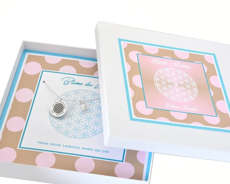 GESCHENK SCHACHTEL BLUME DES LEBENS PERLE SILBERSCHMUCK MIT GRAVUR