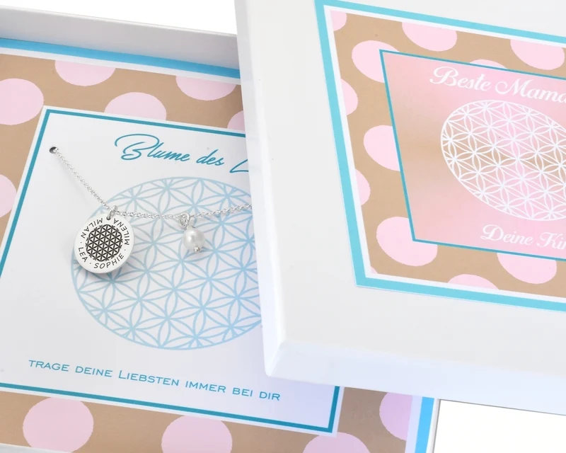 GESCHENK SCHACHTEL BLUME DES LEBENS PERLE SILBERSCHMUCK MIT GRAVUR