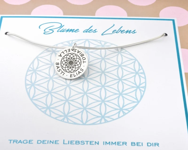 KETTE SILBER ANHÄNGER MIT GRAVUR GESCHENKSCHACHTEL BLUME DES LEBENS NAMENSSCHMUCK