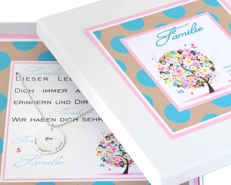 SCHMUCKSCHACHTEL FAMILIE SILBERKETTE MIT NAMEN FAMILIEN SCHMUCK GESCHENK SCHACHTEL