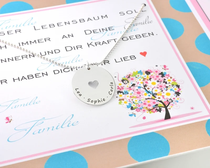 SCHMUCKSCHACHTEL FAMILIE SILBERKETTE MIT NAMEN FAMILIEN SCHMUCK GESCHENK SCHACHTEL