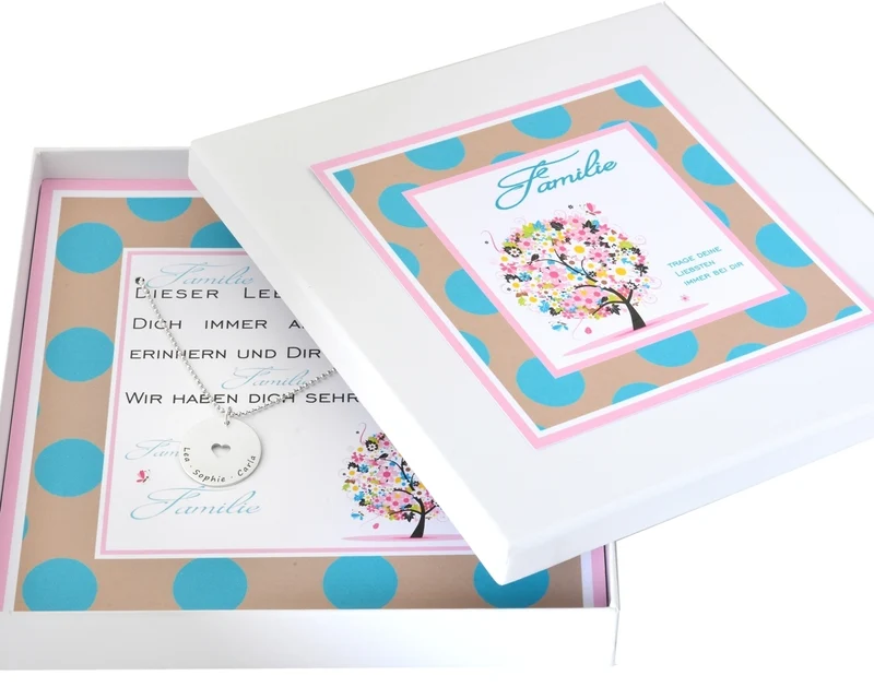 SCHMUCKSCHACHTEL FAMILIE SILBERKETTE MIT NAMEN FAMILIEN SCHMUCK GESCHENK SCHACHTEL