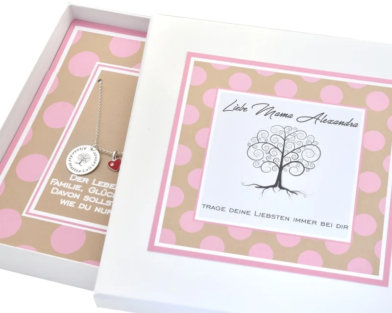 KETTE SILBER MIT HERZ SCHMUCK KARTON FAMILIENSCHMUCK MIT NAMEN GESCHENKSCHACHTEL