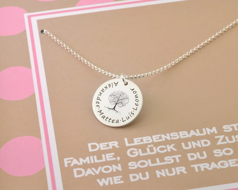 FAMILIENKETTE SILBER GESCHENK BOX KETTE MIT GRAVUR, BAUM DES LEBENS GESCHENK SCHACHTEL
