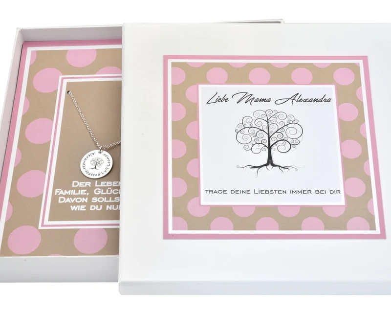 FAMILIENKETTE SILBER GESCHENK BOX KETTE MIT GRAVUR, BAUM DES LEBENS GESCHENK SCHACHTEL