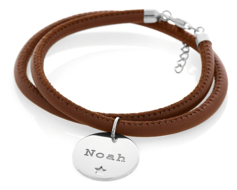 DAMEN LEDERARMBAND MIT GRAVUR, SILBER ANHÄNGER MIT STERN