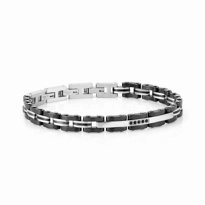 Strong Stainless Steel & Black Ceramic Bracelet with Black CZ