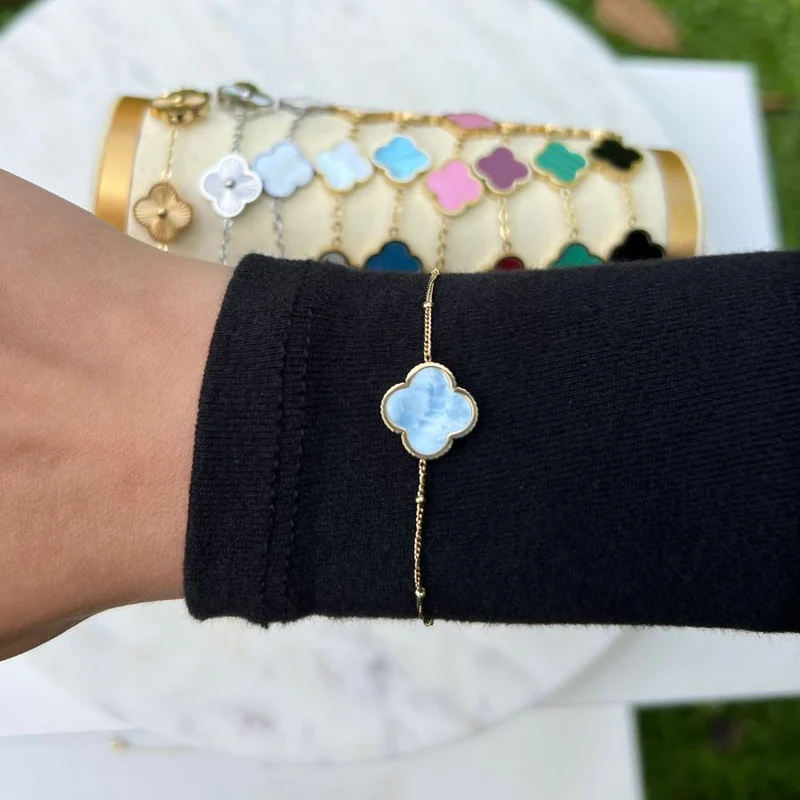 Vintage Blue Lucky Leaf Armband 14K Vergoldet