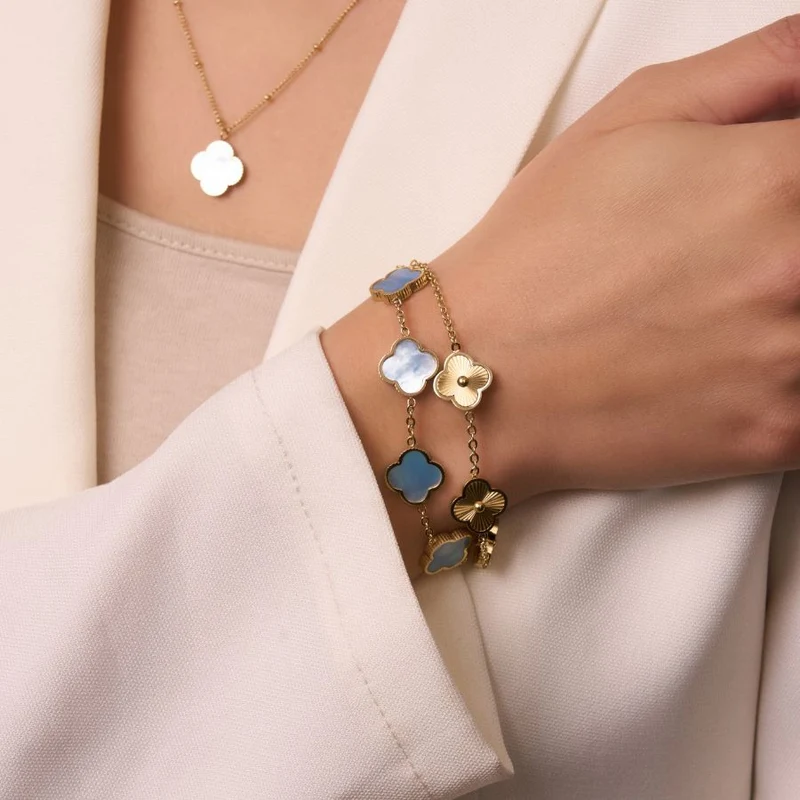 Vintage Blue Lucky Leaf Abbaddon Armband 14K Vergoldet