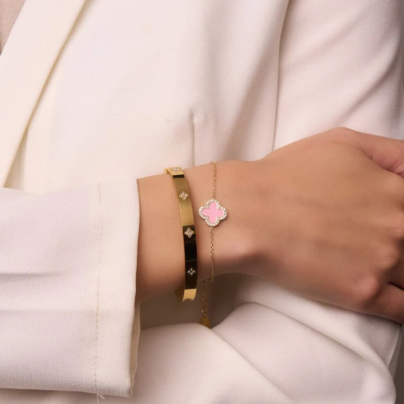 Pave Pink Lucky Leaf Armband 14K Vergoldet