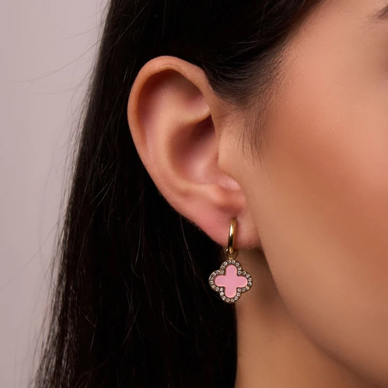 Pave Pink Lucky Leaf Ohrringe 14K Vergoldet