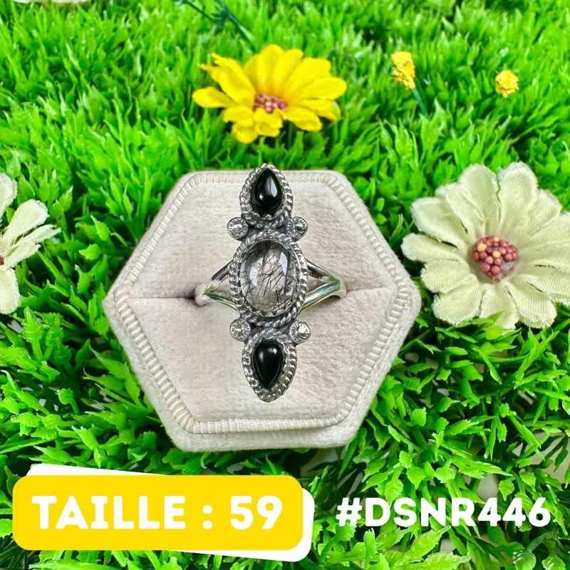Ring mit schwarzem Onyx und Rutilquarz in 925er Sterlingsilber #DSNR446