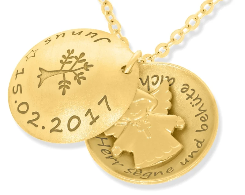 TAUFE MEDAILLON GRAVUR GOLD TAUFKETTE MIT ENGEL TAUFSCHMUCK PERSONALISIERT