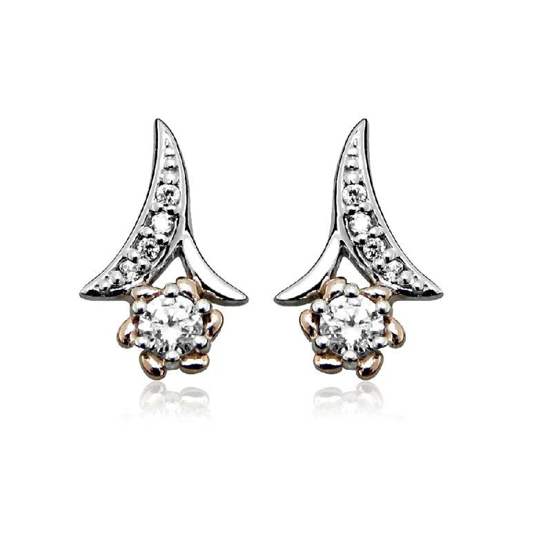 Rose Gold, Silver & CZ Flower Stud Earrings
