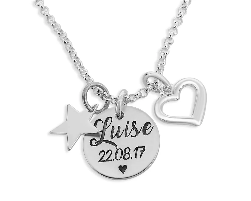 SILBERKETTE MIT NAMEN 925 SILBER HALSKETTE HERZ, STERN, GRAVURSCHMUCK