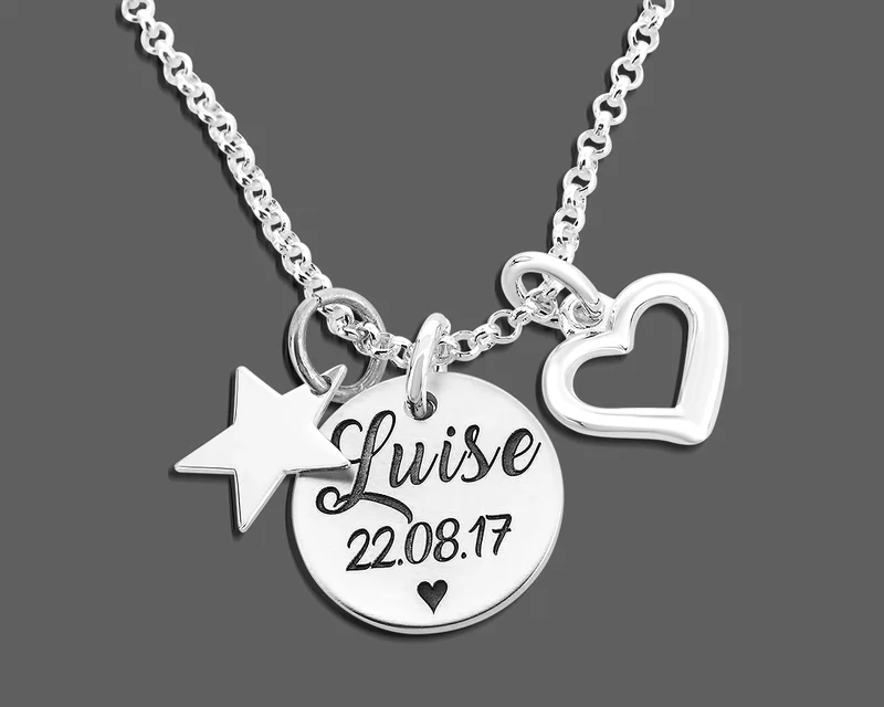 SILBERKETTE MIT NAMEN 925 SILBER HALSKETTE HERZ, STERN, GRAVURSCHMUCK