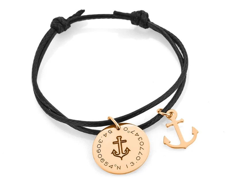 ARMBAND MIT ANKER ROSÉ VERGOLDET, BAUMWOLLBAND, GRAVUR SCHMUCK