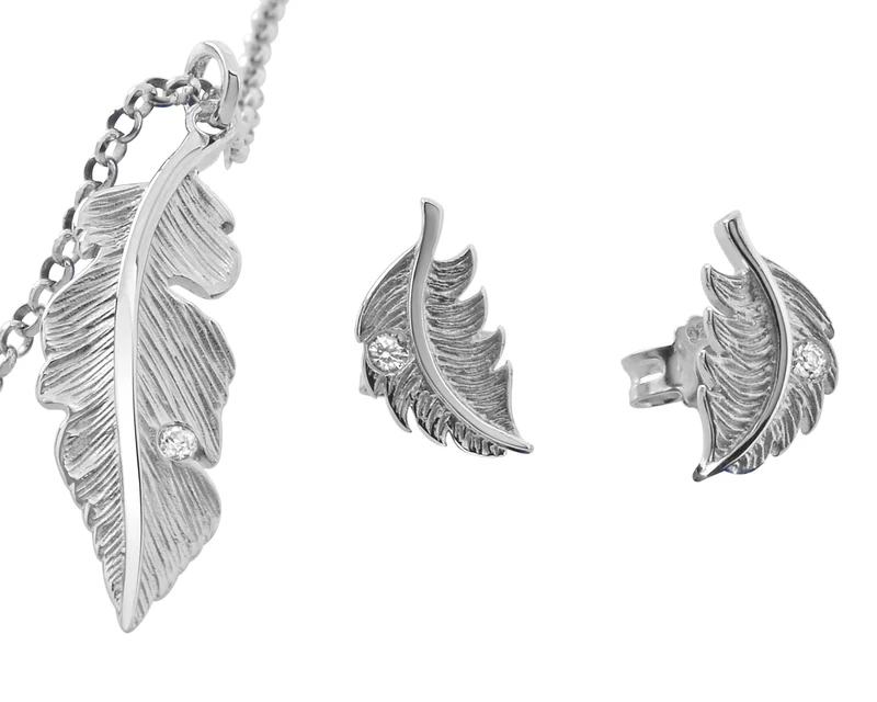 SCHMUCKSET FEDER DAMEN SCHMUCK FEDER HALSKETTE OHRSTECKER FEDER