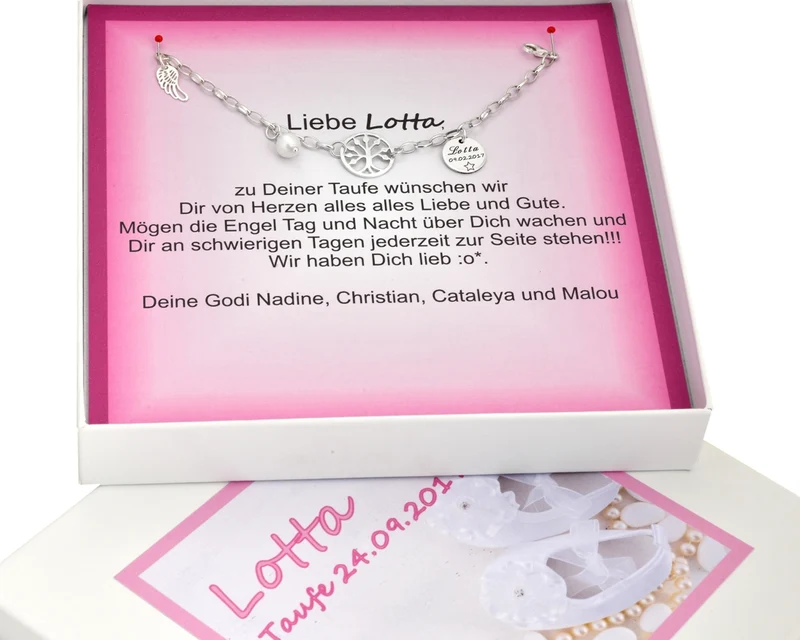 SILBERARMBAND MIT LEBENSBAUM, FLÜGEL,TAUFE, GESCHENKSCHACHTEL