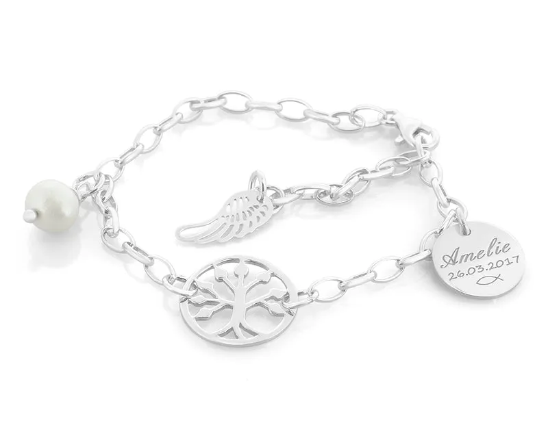 SILBERARMBAND MIT LEBENSBAUM, FLÜGEL,TAUFE, GESCHENKSCHACHTEL