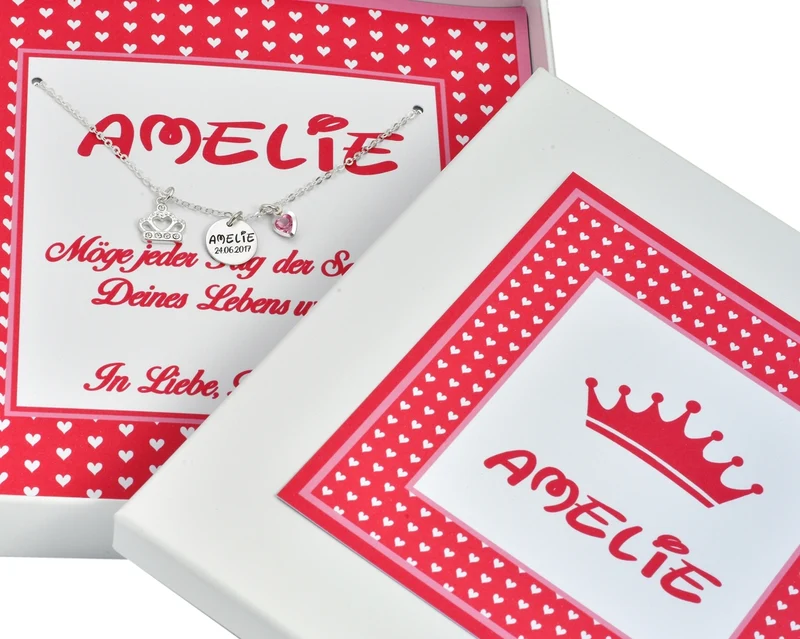 PERSONALISIERTE GESCHENKSCHACHTEL, KINDERKETTE SILBER, KRONE, KRISTALL HERZ