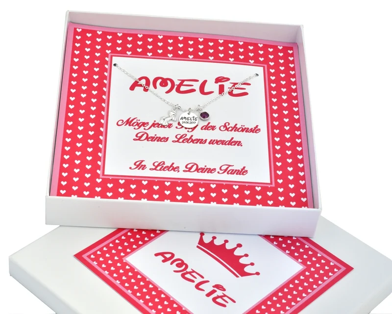 KINDERKETTE MIT NAMENSGRAVUR, PONY, PERSONALISIERTE GESCHENK BOX