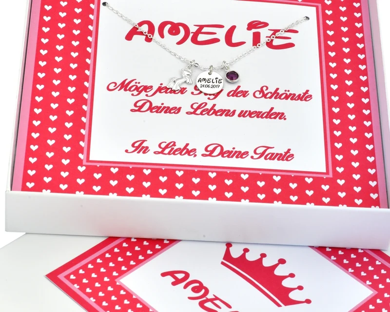 KINDERKETTE MIT NAMENSGRAVUR, PONY, PERSONALISIERTE GESCHENK BOX