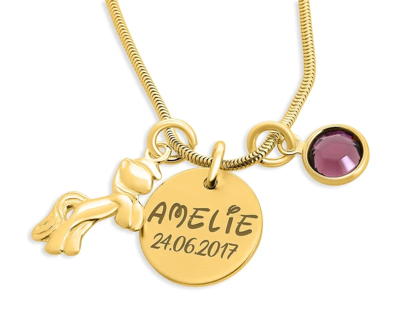 KINDERKETTE VERGOLDET PFERD, KETTE MIT NAMENSGRAVUR, KINDERSCHMUCK