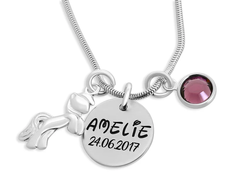 KETTE SILBER MIT PFERDEANHÄNGER, NAMENSKETTE, GEBURTSSTEIN, 925 SILBER