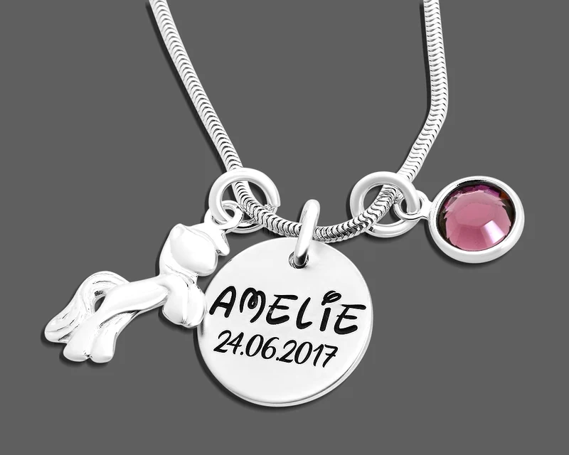 KETTE SILBER MIT PFERDEANHÄNGER, NAMENSKETTE, GEBURTSSTEIN, 925 SILBER