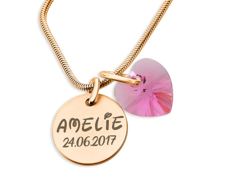 NAMENSKETTE MIT GRAVUR, HERZ PINK, KETTE ROSÉ VERGOLDET