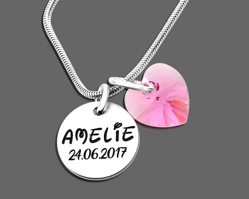 KETTE 925 SILBER, SCHMUCK MIT GRAVUR, KINDERKETTE MÄDCHEN, NAMENSKETTE HERZ ROSA